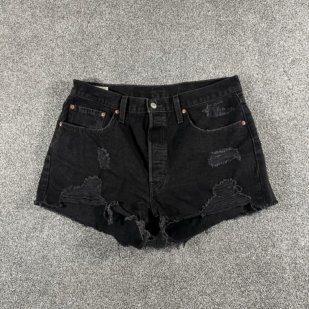 Levi’s 501 Womens W31 Black Distressed Cutoff Denim Shorts High Rise Button Fly